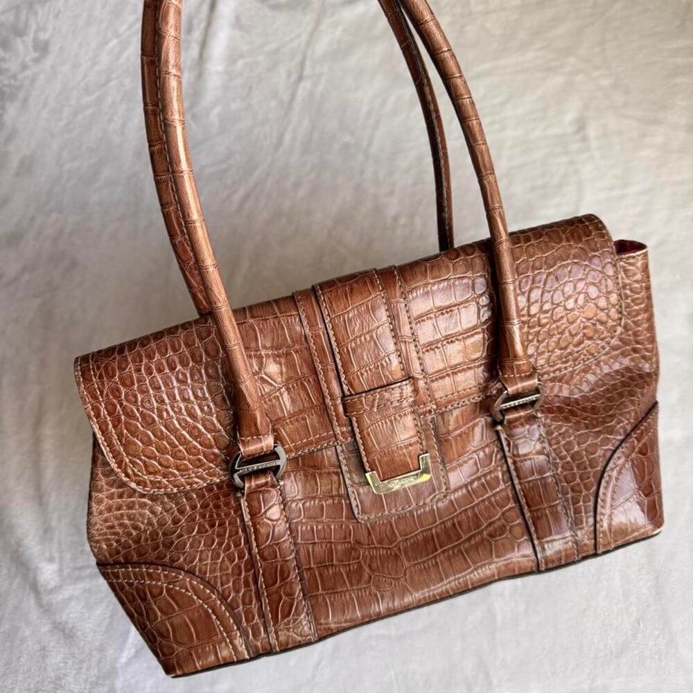 Vintage Y2K Liz Claiborne Brown Croc Embossed Shoulder Bag Hot Pink Lining
